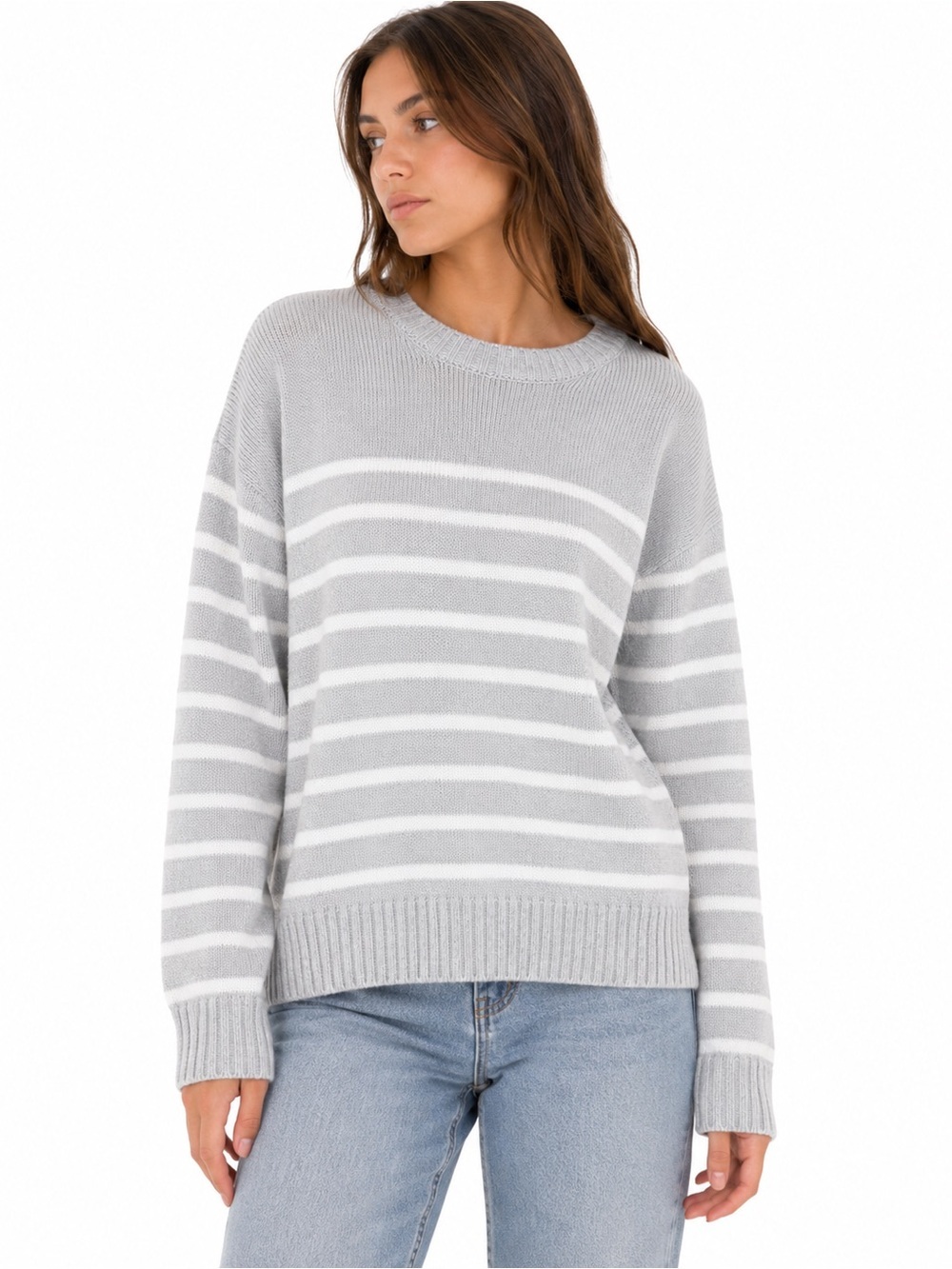 Brandy Melville 100% Cotton Grey & White Striped Crewneck Sweater One Size